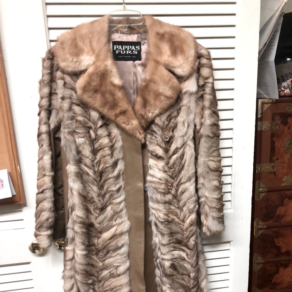 Vintage fox,leather coat, leather belt mink collar